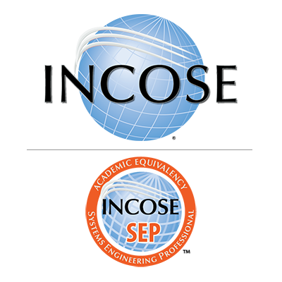 Two logos stacked vertically: the INCOSE globe logo on top, and below it the INCOSE Systems Engineering Professional (SEP) Academic Equivalency seal.
