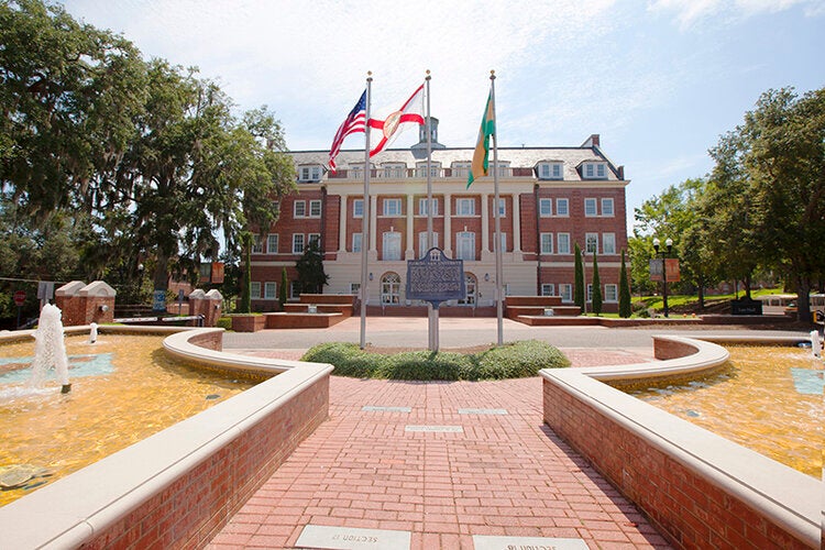 photo of 6-column building with flags and fountain and brick walkway in front