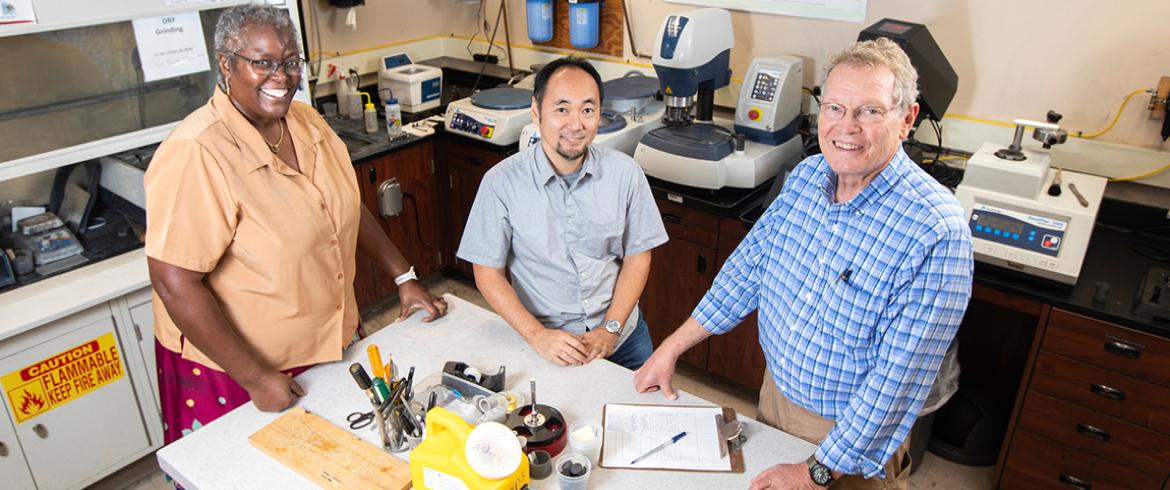 photo of faculty simone hruda fumitake kametani and eric hellstrom in lab at famu-fsu engineering