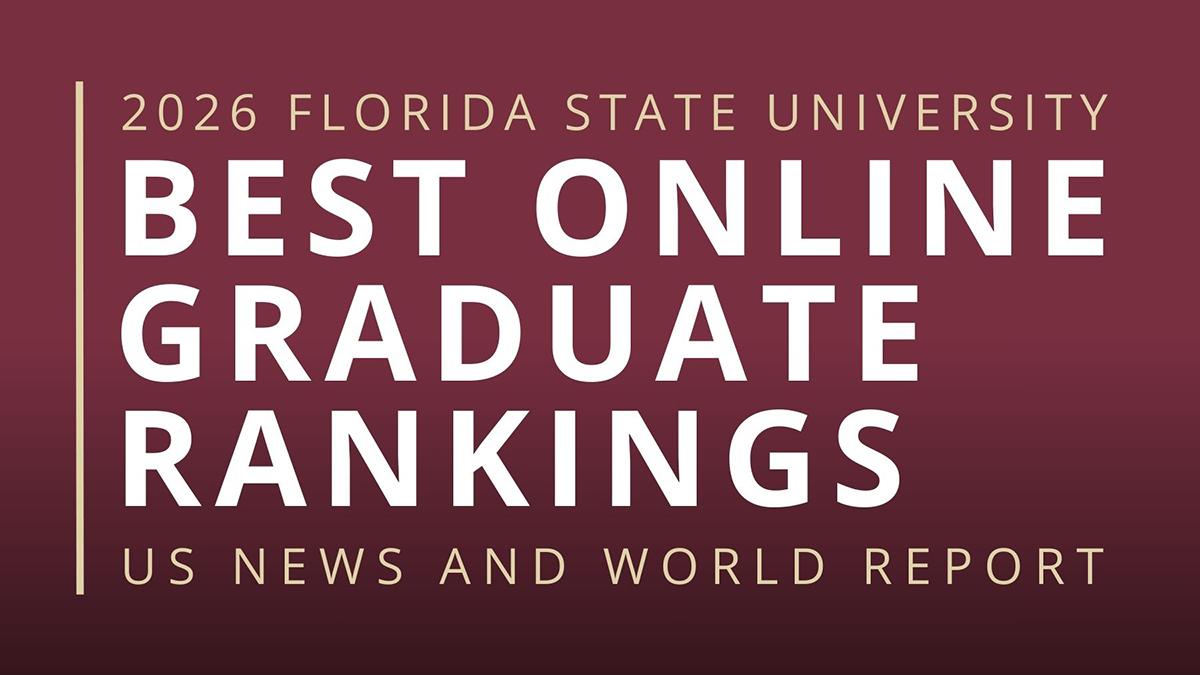 Burgundy graphic with gold vertical accent bar on left side. White text reads '2026 Florida State University Best Online Graduate Rankings' with 'US News and World Report' in smaller gold text below.