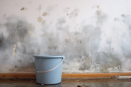 Water leak damage with mold stains on interior wall and bucket collecting dripping water on wooden floor